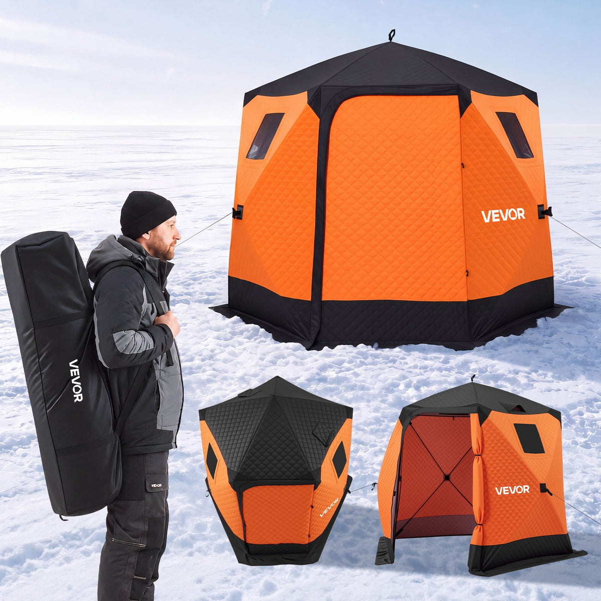 VEVOR Pop Up Ice Fishing Tent 4-6 Person 96 x 96 x 85 in Insulated Shelter, for Winter Fishing, 40 sq ft Area, 600D 4-Layer Fabric, Portable Hub-Style Shanty Cube with Anchors, Ropes, Carrying Bag - BDBHSJMK4M96V5ABY001V0 - view 1