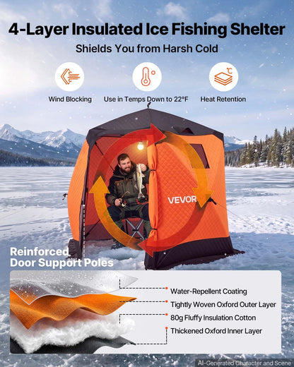 VEVOR Pop Up Ice Fishing Tent 4-6 Person 96 x 96 x 85 in Insulated Shelter, for Winter Fishing, 40 sq ft Area, 600D 4-Layer Fabric, Portable Hub-Style Shanty Cube with Anchors, Ropes, Carrying Bag - BDBHSJMK4M96V5ABY001V0 - view 3
