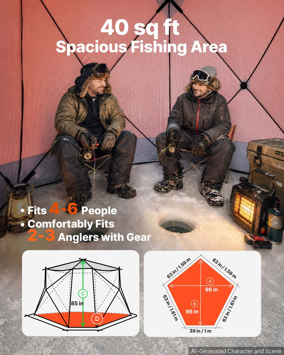 VEVOR Pop Up Ice Fishing Tent 4-6 Person 96 x 96 x 85 in Insulated Shelter, for Winter Fishing, 40 sq ft Area, 600D 4-Layer Fabric, Portable Hub-Style Shanty Cube with Anchors, Ropes, Carrying Bag - BDBHSJMK4M96V5ABY001V0 - view 5