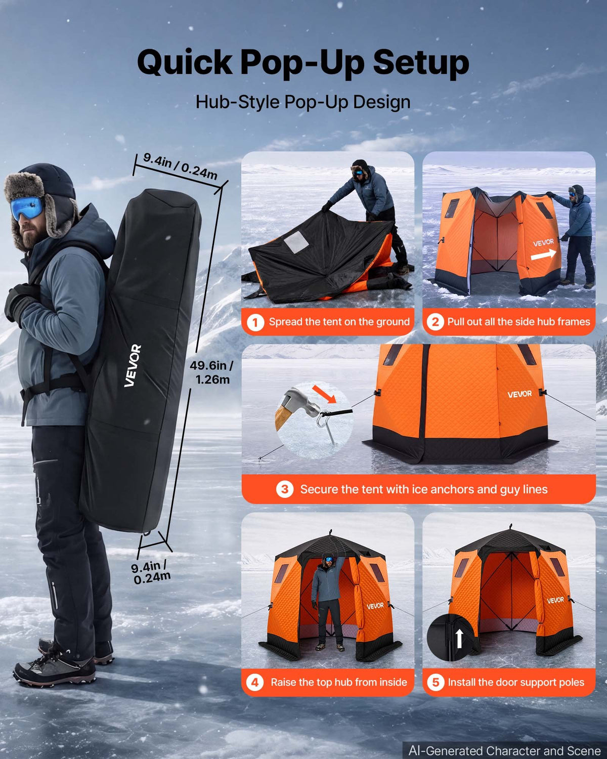 VEVOR Pop Up Ice Fishing Tent 4-6 Person 96 x 96 x 85 in Insulated Shelter, for Winter Fishing, 40 sq ft Area, 600D 4-Layer Fabric, Portable Hub-Style Shanty Cube with Anchors, Ropes, Carrying Bag - BDBHSJMK4M96V5ABY001V0 - view 6