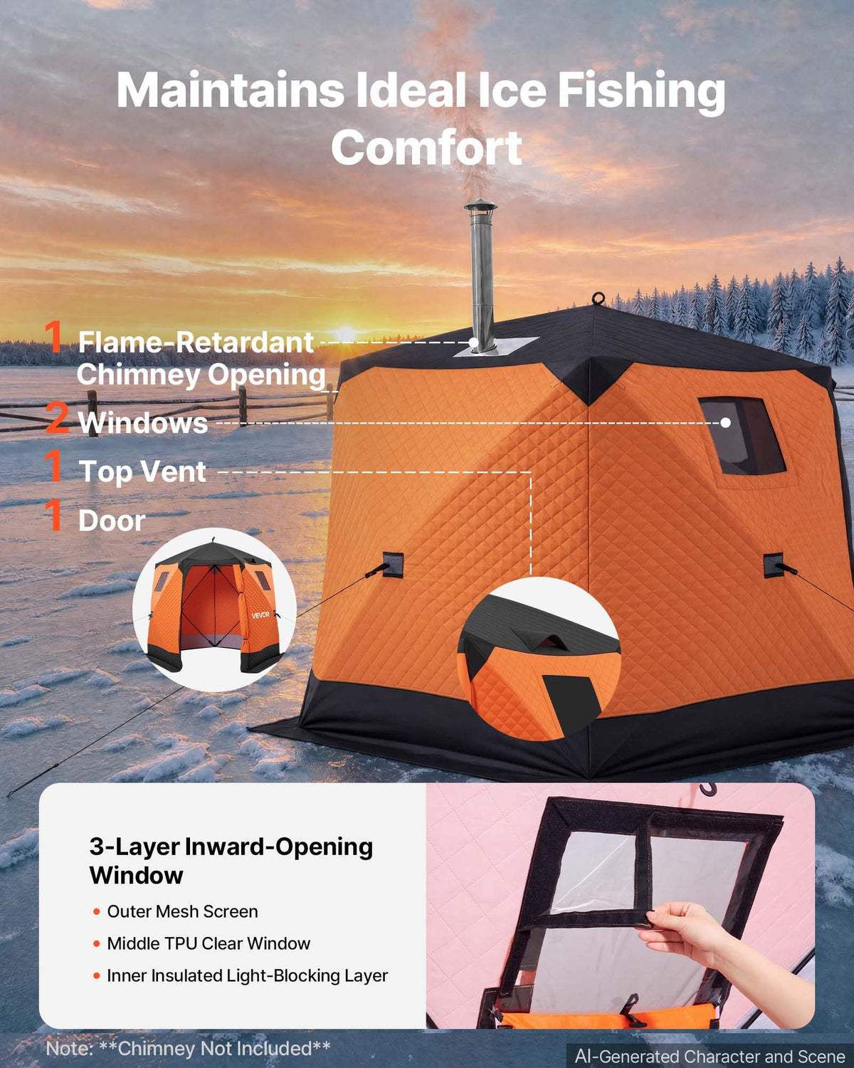 VEVOR Pop Up Ice Fishing Tent 4-6 Person 96 x 96 x 85 in Insulated Shelter, for Winter Fishing, 40 sq ft Area, 600D 4-Layer Fabric, Portable Hub-Style Shanty Cube with Anchors, Ropes, Carrying Bag - BDBHSJMK4M96V5ABY001V0 - view 7