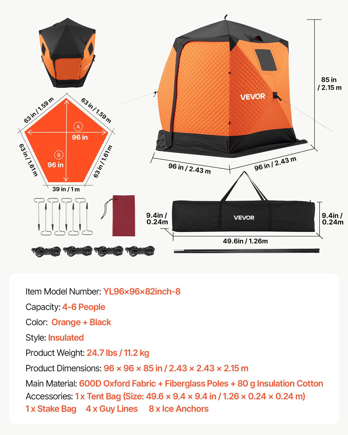 VEVOR Pop Up Ice Fishing Tent 4-6 Person 96 x 96 x 85 in Insulated Shelter, for Winter Fishing, 40 sq ft Area, 600D 4-Layer Fabric, Portable Hub-Style Shanty Cube with Anchors, Ropes, Carrying Bag - BDBHSJMK4M96V5ABY001V0 - view 8