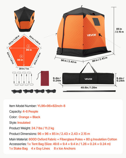 VEVOR Pop Up Ice Fishing Tent 4-6 Person 96 x 96 x 85 in Insulated Shelter, for Winter Fishing, 40 sq ft Area, 600D 4-Layer Fabric, Portable Hub-Style Shanty Cube with Anchors, Ropes, Carrying Bag - BDBHSJMK4M96V5ABY001V0 - view 8