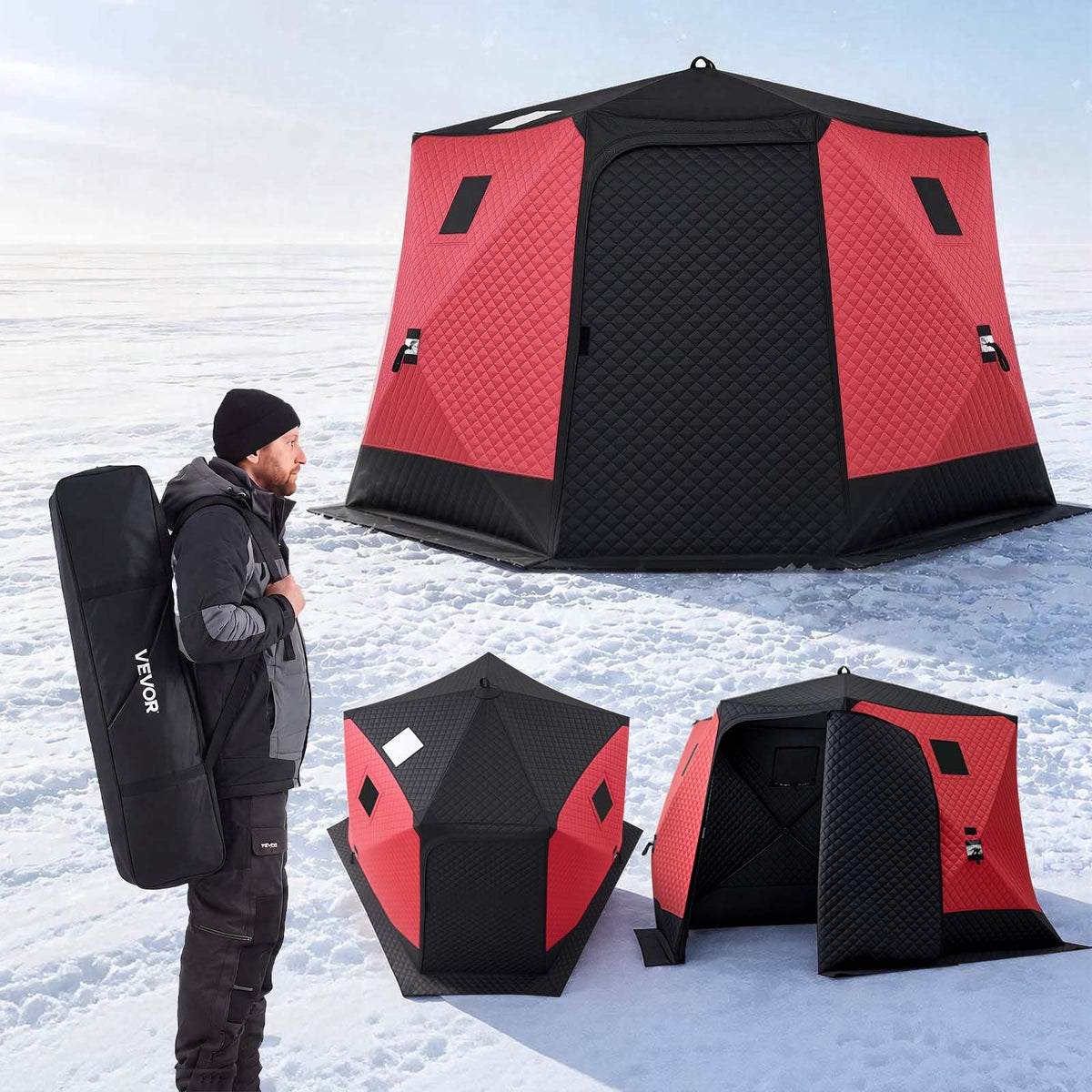 VEVOR Pop Up Ice Fishing Tent 6-8 Person 130x130x79 in Insulated Shelter, for Winter Fishing, 73 sq ft Area, 600D 4-Layer Fabric, Portable Hub-Style Shanty Cube with Anchors, Ropes, Carry Bag, Red - BDBHSJMK5M13K8R24001V0 - view 1