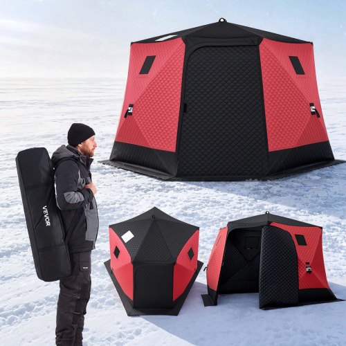 VEVOR Pop Up Ice Fishing Tent 6-8 Person 130x130x79 in Insulated Shelter, for Winter Fishing, 73 sq ft Area, 600D 4-Layer Fabric, Portable Hub-Style Shanty Cube with Anchors, Ropes, Carry Bag, Red - BDBHSJMK5M13K8R24001V0 - view 2