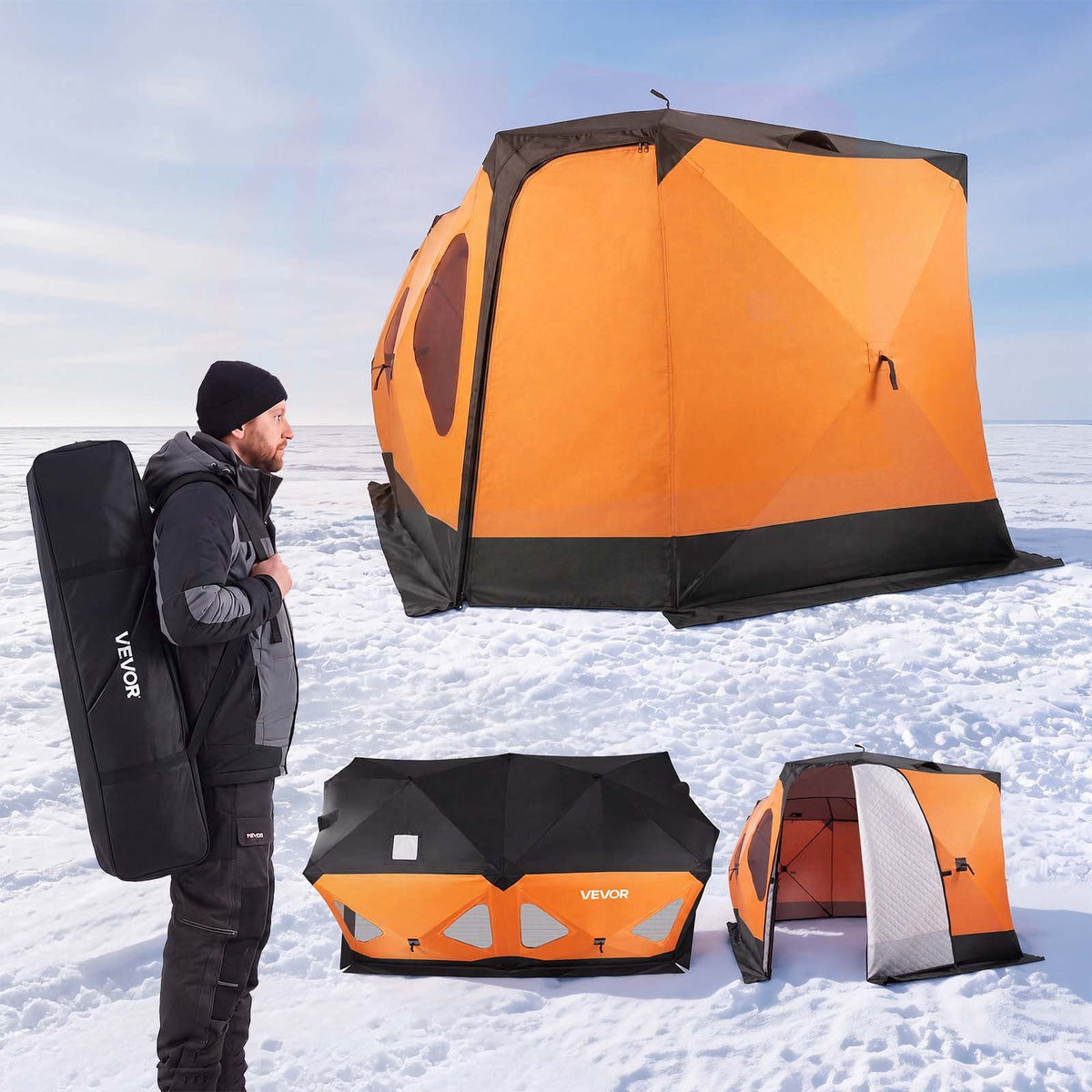 VEVOR Pop Up Ice Fishing Tent 8-10 Person 162x91x91 in Insulated Shelter, for Winter Fishing, 115 sq ft Area, 600D 4-Layer Fabric, Portable Hub-Style Shanty Cube with Anchors, Ropes, Carrying Bag - BDBHSJMKS5M1ZSMBT001V0 - view 1