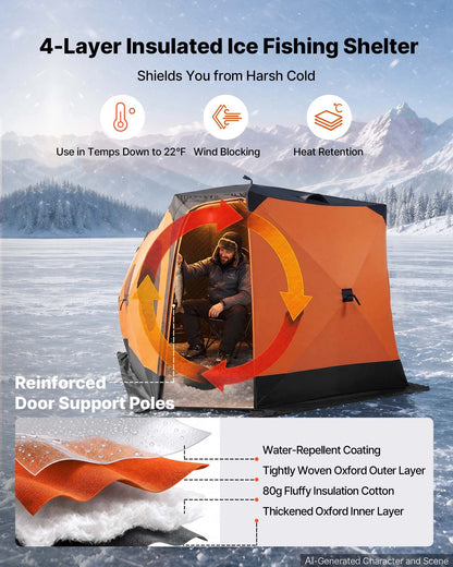 VEVOR Pop Up Ice Fishing Tent 8-10 Person 162x91x91 in Insulated Shelter, for Winter Fishing, 115 sq ft Area, 600D 4-Layer Fabric, Portable Hub-Style Shanty Cube with Anchors, Ropes, Carrying Bag - BDBHSJMKS5M1ZSMBT001V0 - view 3