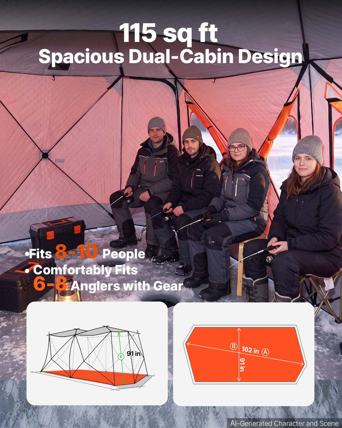 VEVOR Pop Up Ice Fishing Tent 8-10 Person 162x91x91 in Insulated Shelter, for Winter Fishing, 115 sq ft Area, 600D 4-Layer Fabric, Portable Hub-Style Shanty Cube with Anchors, Ropes, Carrying Bag - BDBHSJMKS5M1ZSMBT001V0 - view 5