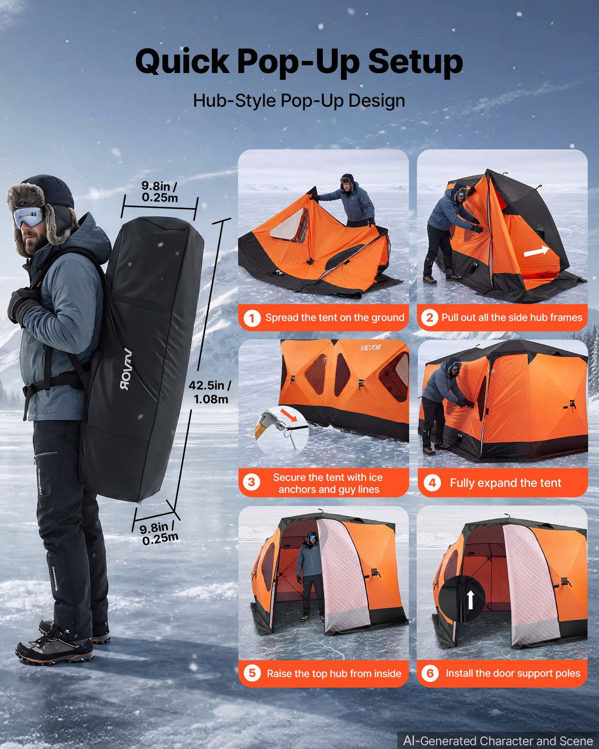 VEVOR Pop Up Ice Fishing Tent 8-10 Person 162x91x91 in Insulated Shelter, for Winter Fishing, 115 sq ft Area, 600D 4-Layer Fabric, Portable Hub-Style Shanty Cube with Anchors, Ropes, Carrying Bag - BDBHSJMKS5M1ZSMBT001V0 - view 6