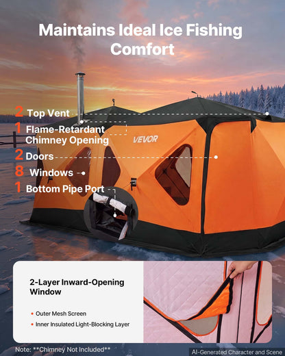 VEVOR Pop Up Ice Fishing Tent 8-10 Person 162x91x91 in Insulated Shelter, for Winter Fishing, 115 sq ft Area, 600D 4-Layer Fabric, Portable Hub-Style Shanty Cube with Anchors, Ropes, Carrying Bag - BDBHSJMKS5M1ZSMBT001V0 - view 7