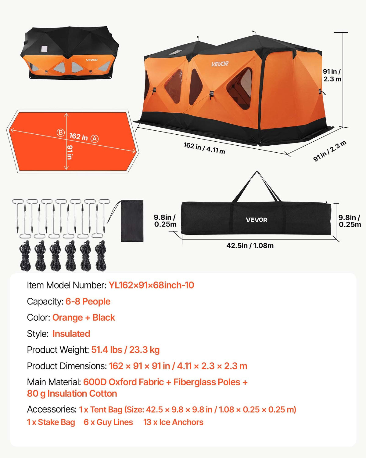 VEVOR Pop Up Ice Fishing Tent 8-10 Person 162x91x91 in Insulated Shelter, for Winter Fishing, 115 sq ft Area, 600D 4-Layer Fabric, Portable Hub-Style Shanty Cube with Anchors, Ropes, Carrying Bag - BDBHSJMKS5M1ZSMBT001V0 - view 8
