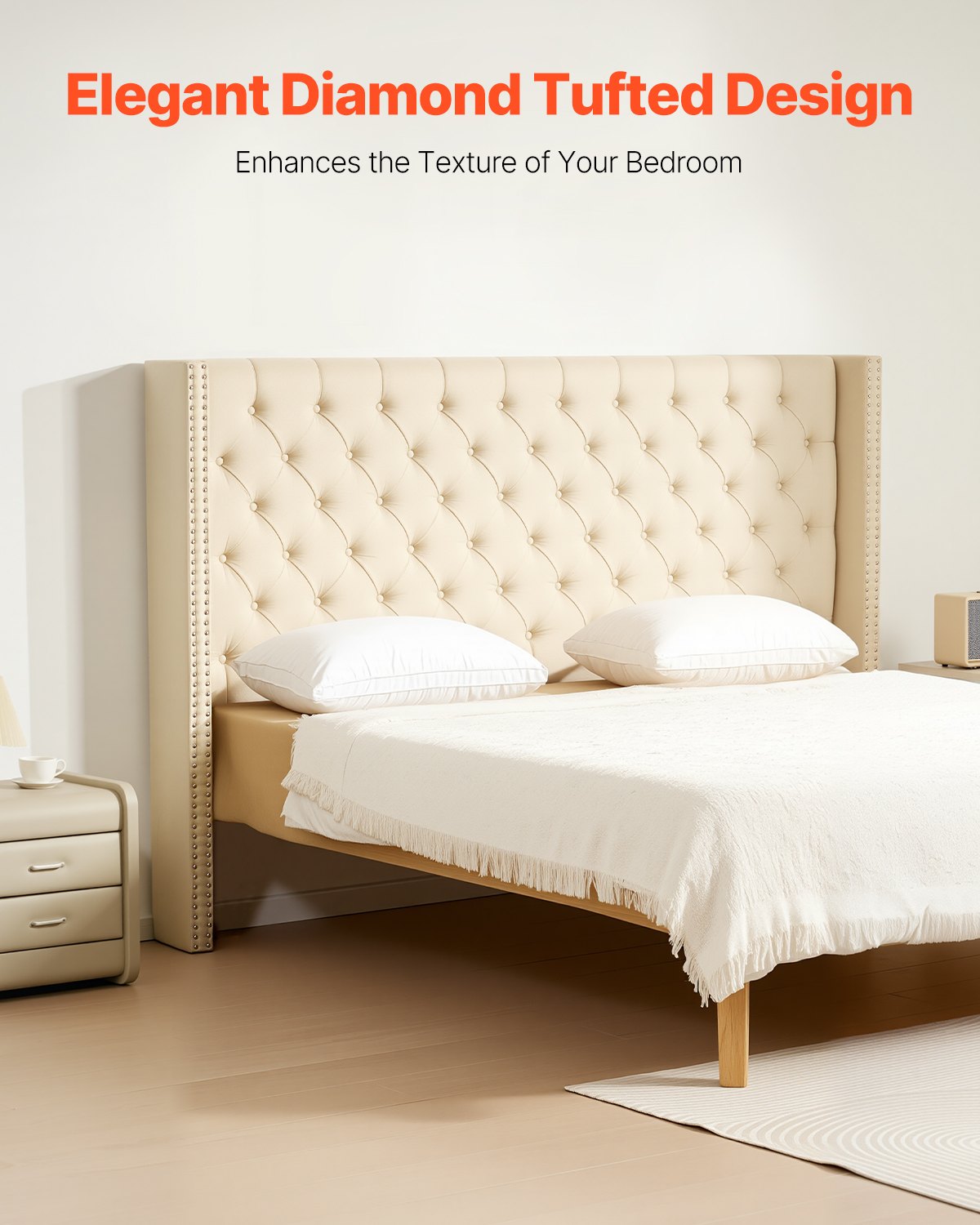 VEVOR Headboard, King Size Headboard with Adjustable Height, Comfortable Diamond Tufted for King Size Bed, W84.1 x H (54.33-60.24) x D 8.27 in, Ideal for Bedroom, Hotel, Homestay, Dormitory, Cream - BDDCTBBLRBZL7FWXE003V0 - view 3