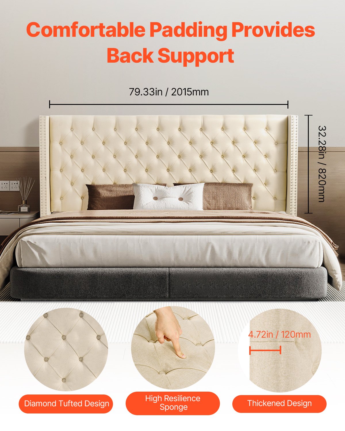 VEVOR Headboard, King Size Headboard with Adjustable Height, Comfortable Diamond Tufted for King Size Bed, W84.1 x H (54.33-60.24) x D 8.27 in, Ideal for Bedroom, Hotel, Homestay, Dormitory, Cream - BDDCTBBLRBZL7FWXE003V0 - view 4