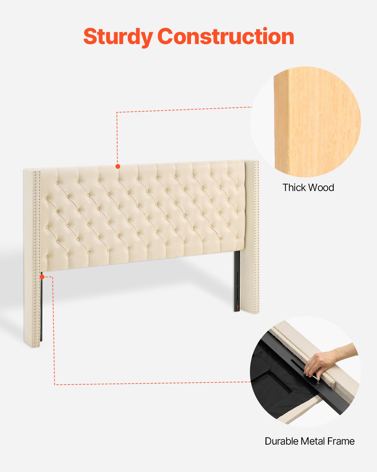 VEVOR Headboard, King Size Headboard with Adjustable Height, Comfortable Diamond Tufted for King Size Bed, W84.1 x H (54.33-60.24) x D 8.27 in, Ideal for Bedroom, Hotel, Homestay, Dormitory, Cream - BDDCTBBLRBZL7FWXE003V0 - view 5