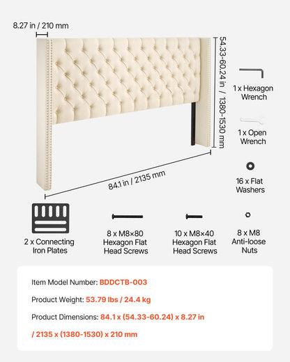 VEVOR Headboard, King Size Headboard with Adjustable Height, Comfortable Diamond Tufted for King Size Bed, W84.1 x H (54.33-60.24) x D 8.27 in, Ideal for Bedroom, Hotel, Homestay, Dormitory, Cream - BDDCTBBLRBZL7FWXE003V0 - view 8