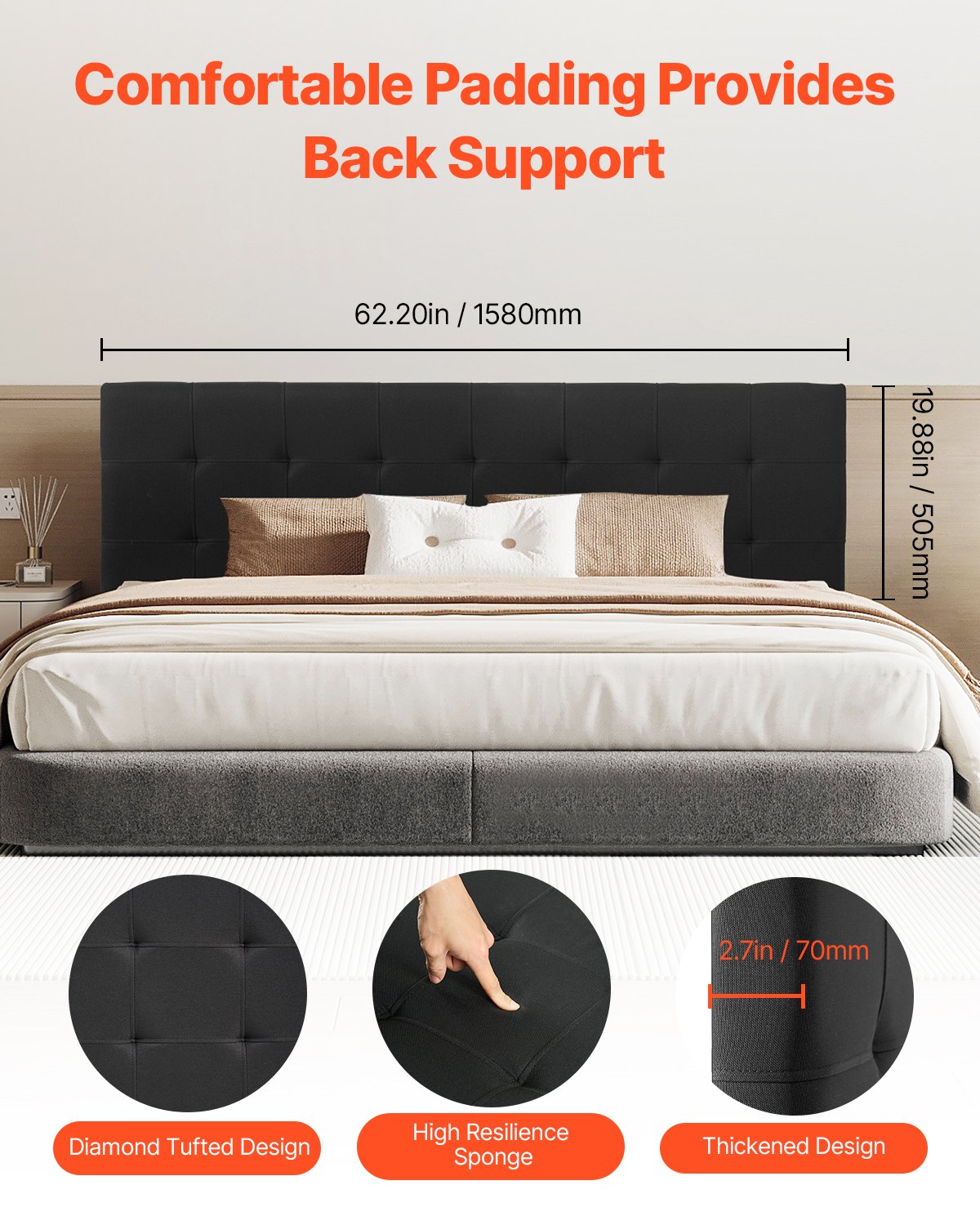 VEVOR Headboard, Queen Size Headboard with Adjustable Height, Comfortable Diamond Tufted for Queen Size Bed, W62.2 x H(42.72-54.53) x D2.76 in, Ideal for Bedroom, Hotel, Homestay, Dormitory, Black - BDDCTBBLRBZLP19PW003V0 - view 4