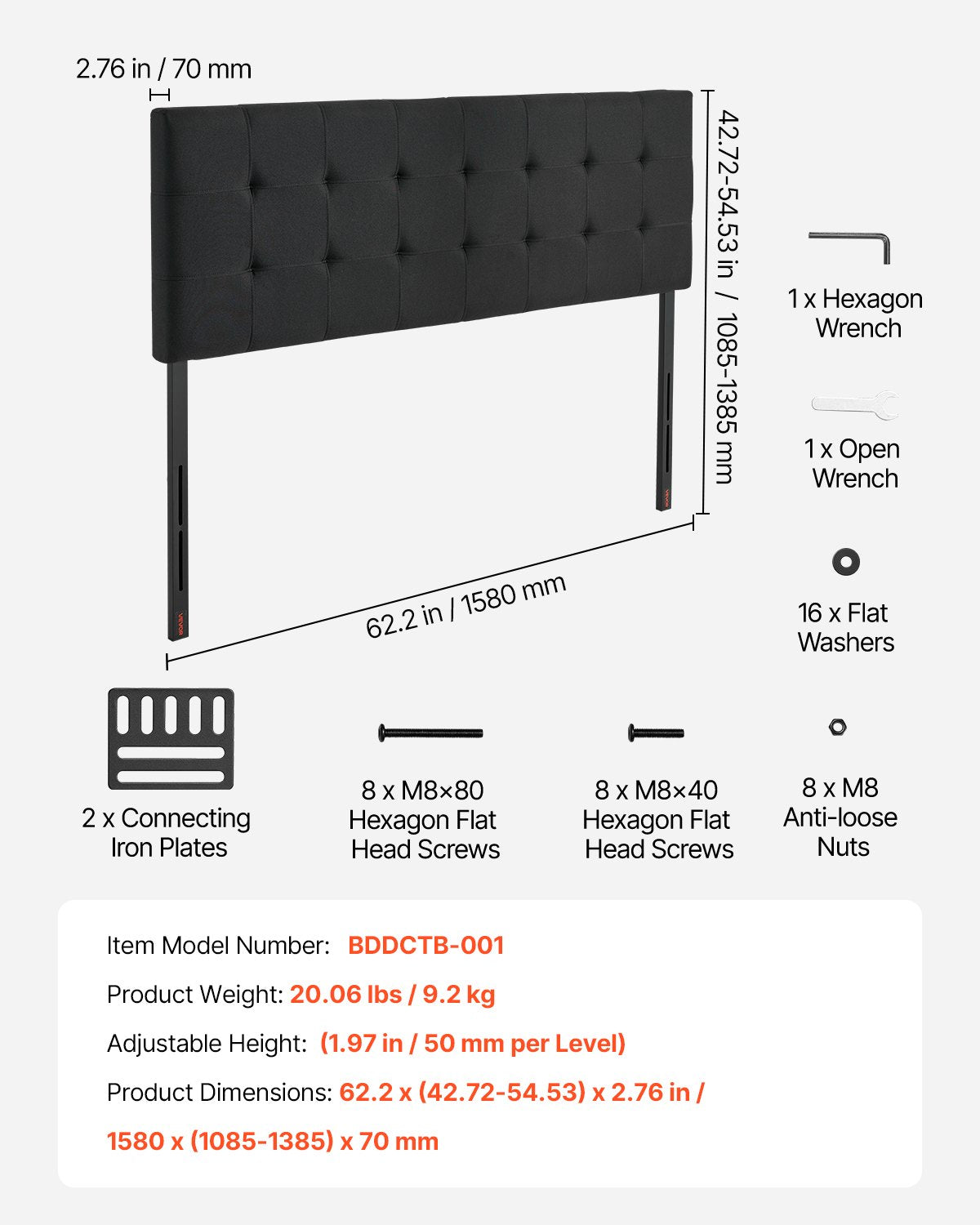 VEVOR Headboard, Queen Size Headboard with Adjustable Height, Comfortable Diamond Tufted for Queen Size Bed, W62.2 x H(42.72-54.53) x D2.76 in, Ideal for Bedroom, Hotel, Homestay, Dormitory, Black - BDDCTBBLRBZLP19PW003V0 - view 8