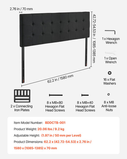 VEVOR Headboard, Queen Size Headboard with Adjustable Height, Comfortable Diamond Tufted for Queen Size Bed, W62.2 x H(42.72-54.53) x D2.76 in, Ideal for Bedroom, Hotel, Homestay, Dormitory, Black - BDDCTBBLRBZLP19PW003V0 - view 8