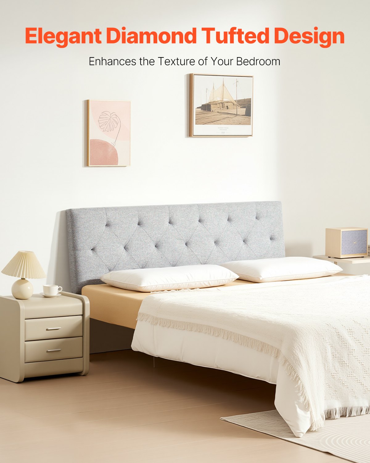 VEVOR Headboard, Full Size Headboard with Adjustable Height, Comfortable Diamond Tufted for Full Size Bed, W 56.3 x H（35.6-47.4）inches, Ideal for Bedroom, Hotel, Homestay, Dormitory, Light Grey - BDDCTBFULLW5EX1OJ002V0 - view 3