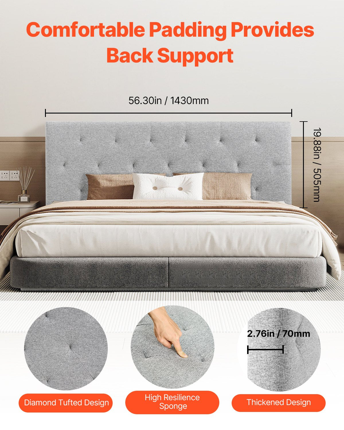 VEVOR Headboard, Full Size Headboard with Adjustable Height, Comfortable Diamond Tufted for Full Size Bed, W 56.3 x H（35.6-47.4）inches, Ideal for Bedroom, Hotel, Homestay, Dormitory, Light Grey - BDDCTBFULLW5EX1OJ002V0 - view 4