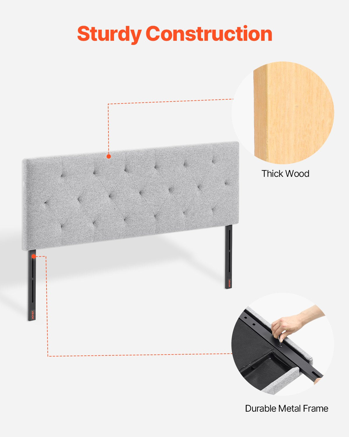 VEVOR Headboard, Full Size Headboard with Adjustable Height, Comfortable Diamond Tufted for Full Size Bed, W 56.3 x H（35.6-47.4）inches, Ideal for Bedroom, Hotel, Homestay, Dormitory, Light Grey - BDDCTBFULLW5EX1OJ002V0 - view 5