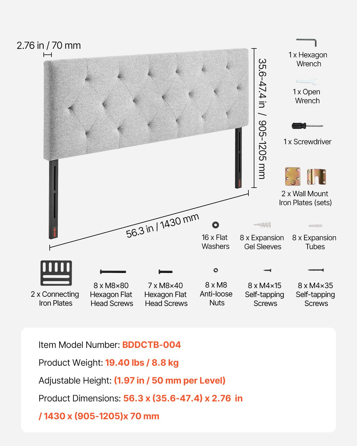 VEVOR Headboard, Full Size Headboard with Adjustable Height, Comfortable Diamond Tufted for Full Size Bed, W 56.3 x H（35.6-47.4）inches, Ideal for Bedroom, Hotel, Homestay, Dormitory, Light Grey - BDDCTBFULLW5EX1OJ002V0 - view 8