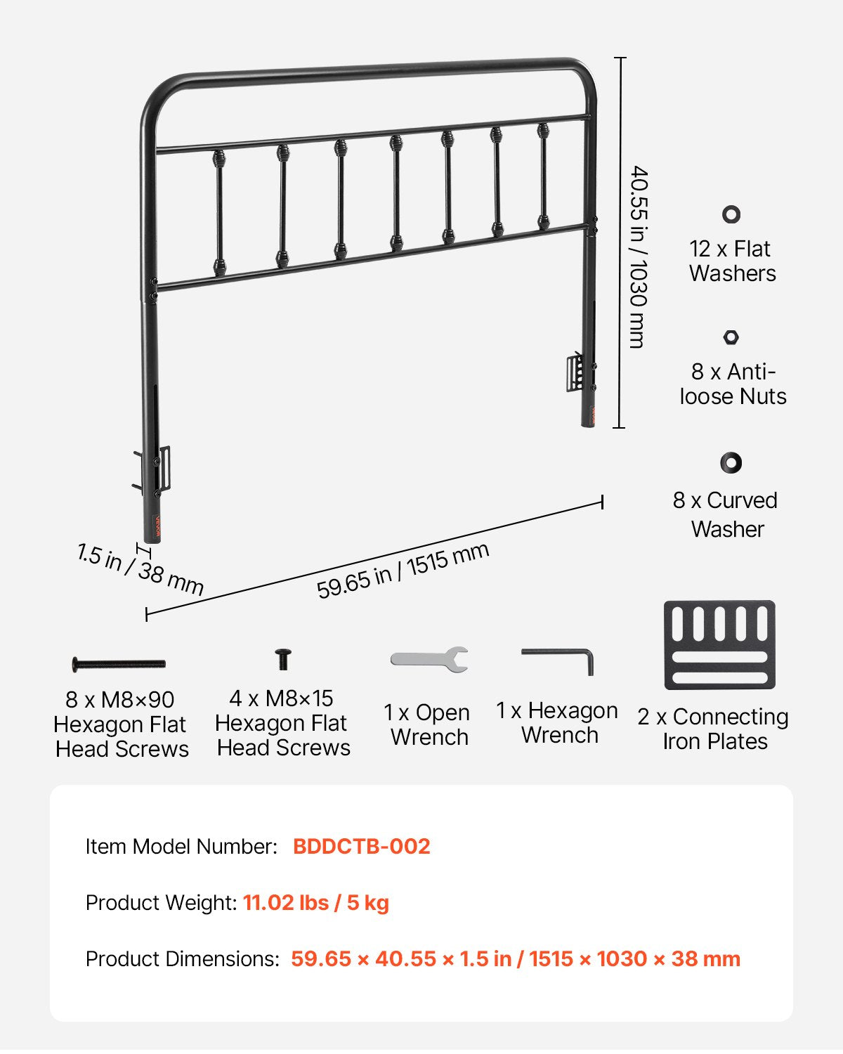 VEVOR Metal Headboard, Queen Size Headboard with Adjustable Height, Metal Headboard for Queen Size Bed, W59.65 x H40.55 x D1.5 inches, Ideal for Bedroom, Hotel, Homestay, Dormitory, Black - BDDCTBJSZLKS25Z0O002V0 - view 8