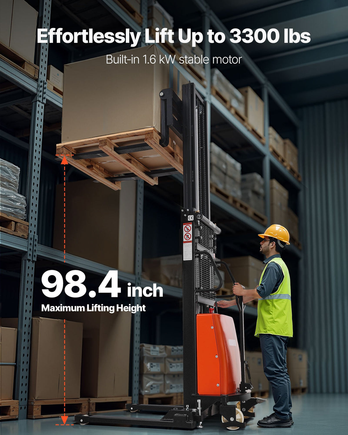VEVOR Semi Electric Pallet Stacker, 3300 lbs Load Capacity, Pallet Lift Stacker Forklift with Straddle Legs, 96.06 Inches Lifting Height & 8.3-33.86 Inches Adjustable Fork Width, Orange & Black - BDDDGC3300LBLOS9O002V1 - view 3