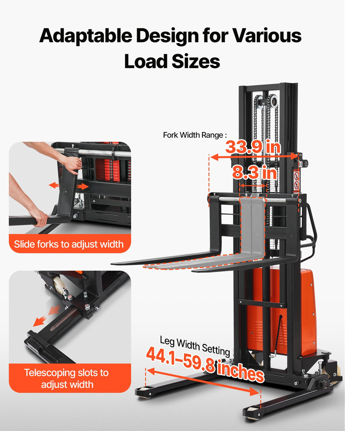 VEVOR Semi Electric Pallet Stacker, 3300 lbs Load Capacity, Pallet Lift Stacker Forklift with Straddle Legs, 96.06 Inches Lifting Height & 8.3-33.86 Inches Adjustable Fork Width, Orange & Black - BDDDGC3300LBLOS9O002V1 - view 4
