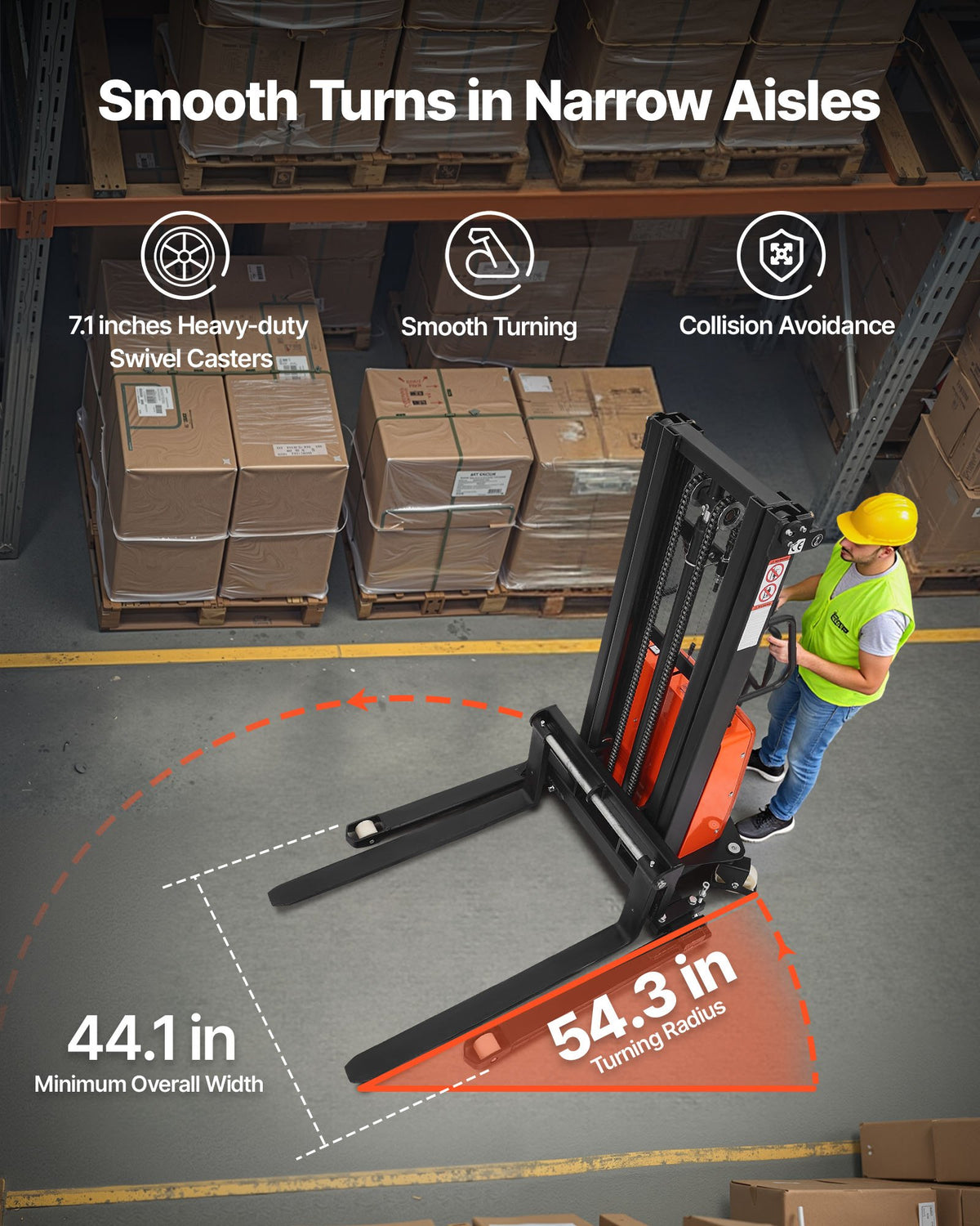 VEVOR Semi Electric Pallet Stacker, 3300 lbs Load Capacity, Pallet Lift Stacker Forklift with Straddle Legs, 96.06 Inches Lifting Height & 8.3-33.86 Inches Adjustable Fork Width, Orange & Black - BDDDGC3300LBLOS9O002V1 - view 5