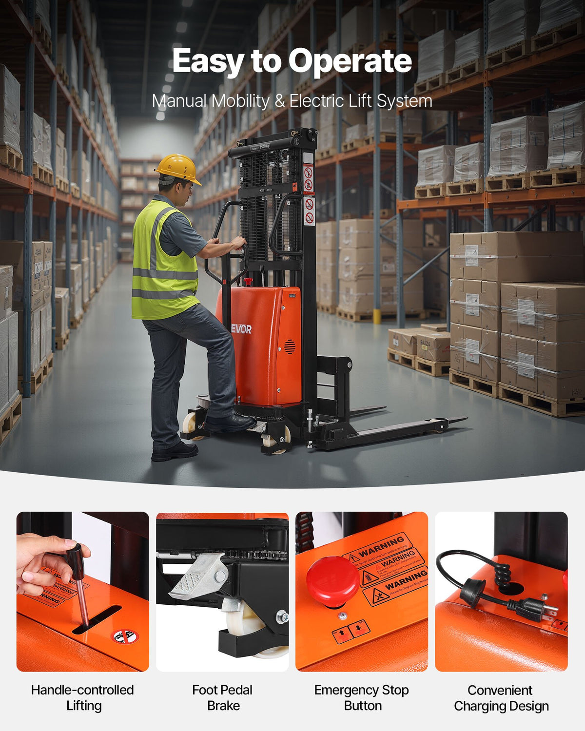 VEVOR Semi Electric Pallet Stacker, 3300 lbs Load Capacity, Pallet Lift Stacker Forklift with Straddle Legs, 96.06 Inches Lifting Height & 8.3-33.86 Inches Adjustable Fork Width, Orange & Black - BDDDGC3300LBLOS9O002V1 - view 6