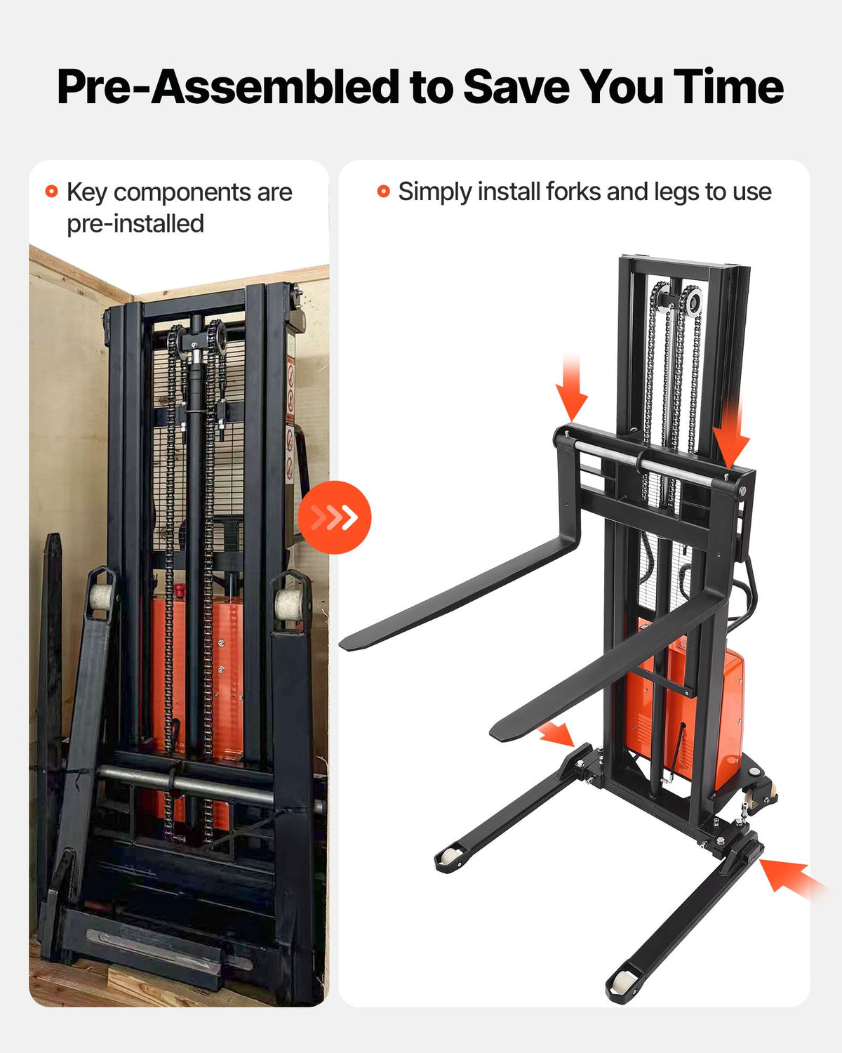 VEVOR Semi Electric Pallet Stacker, 3300 lbs Load Capacity, Pallet Lift Stacker Forklift with Straddle Legs, 96.06 Inches Lifting Height & 8.3-33.86 Inches Adjustable Fork Width, Orange & Black - BDDDGC3300LBLOS9O002V1 - view 7
