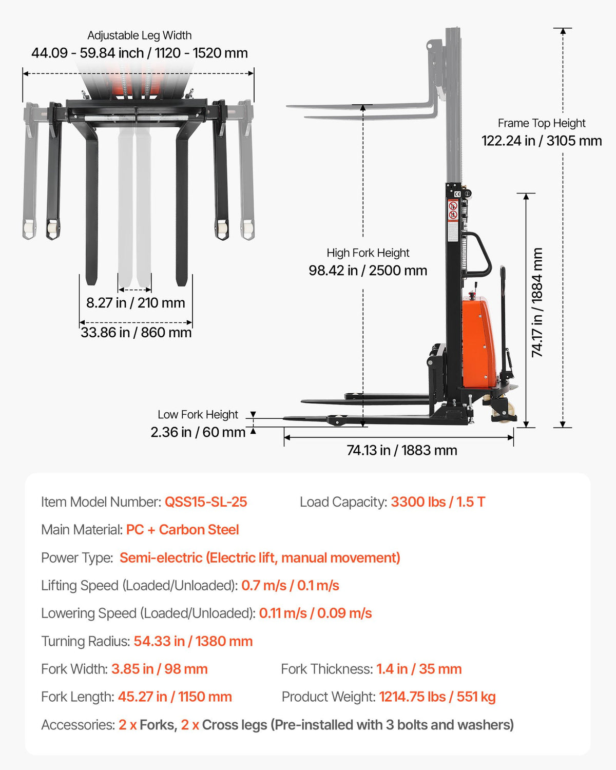 VEVOR Semi Electric Pallet Stacker, 3300 lbs Load Capacity, Pallet Lift Stacker Forklift with Straddle Legs, 96.06 Inches Lifting Height & 8.3-33.86 Inches Adjustable Fork Width, Orange & Black - BDDDGC3300LBLOS9O002V1 - view 8