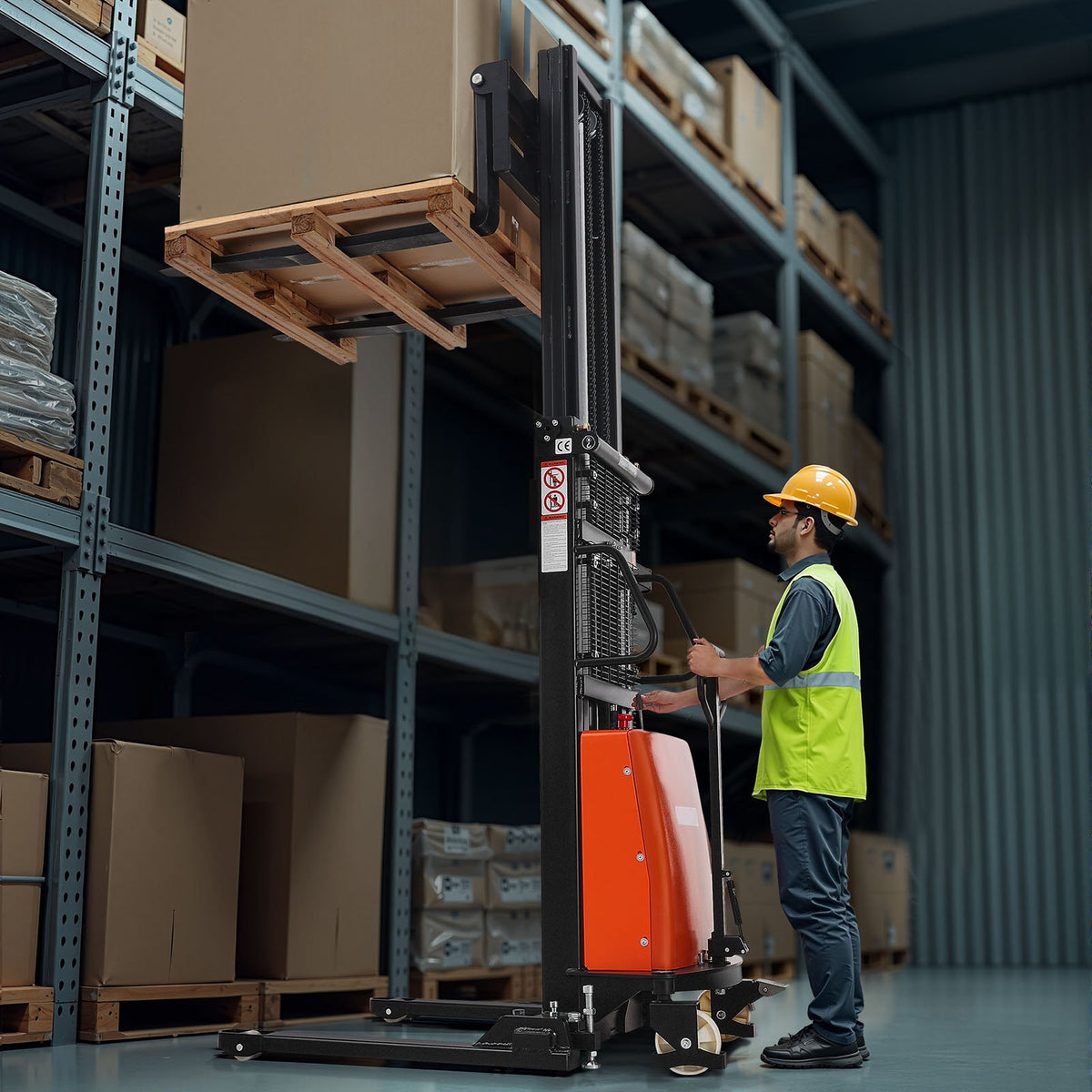 VEVOR Semi Electric Pallet Stacker, 3300 lbs Load Capacity, Pallet Lift Stacker Forklift with Straddle Legs, 96.06 Inches Lifting Height & 8.3-33.86 Inches Adjustable Fork Width, Orange & Black - BDDDGC3300LBLOS9O002V1 - view 9