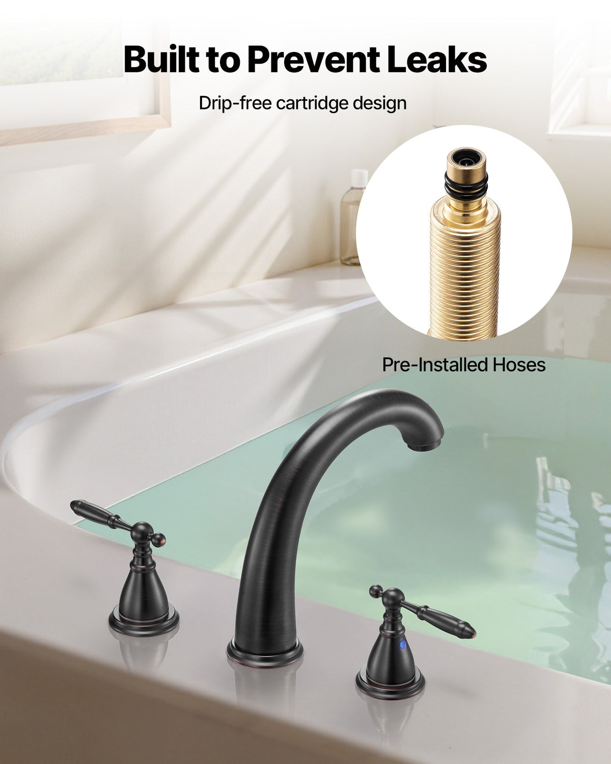 VEVOR Roman Tub Faucet, 3 Hole Waterfall Bathtub Faucet, Gooseneck Bath Tubs Faucets Set with 2 Handles, Roman Tub Faucets Deck Mount for Pet Washing, Adult Bathing, Bronze, Temperature Control - BDFDPKBDHS2GY7IXA001V0 - view 6