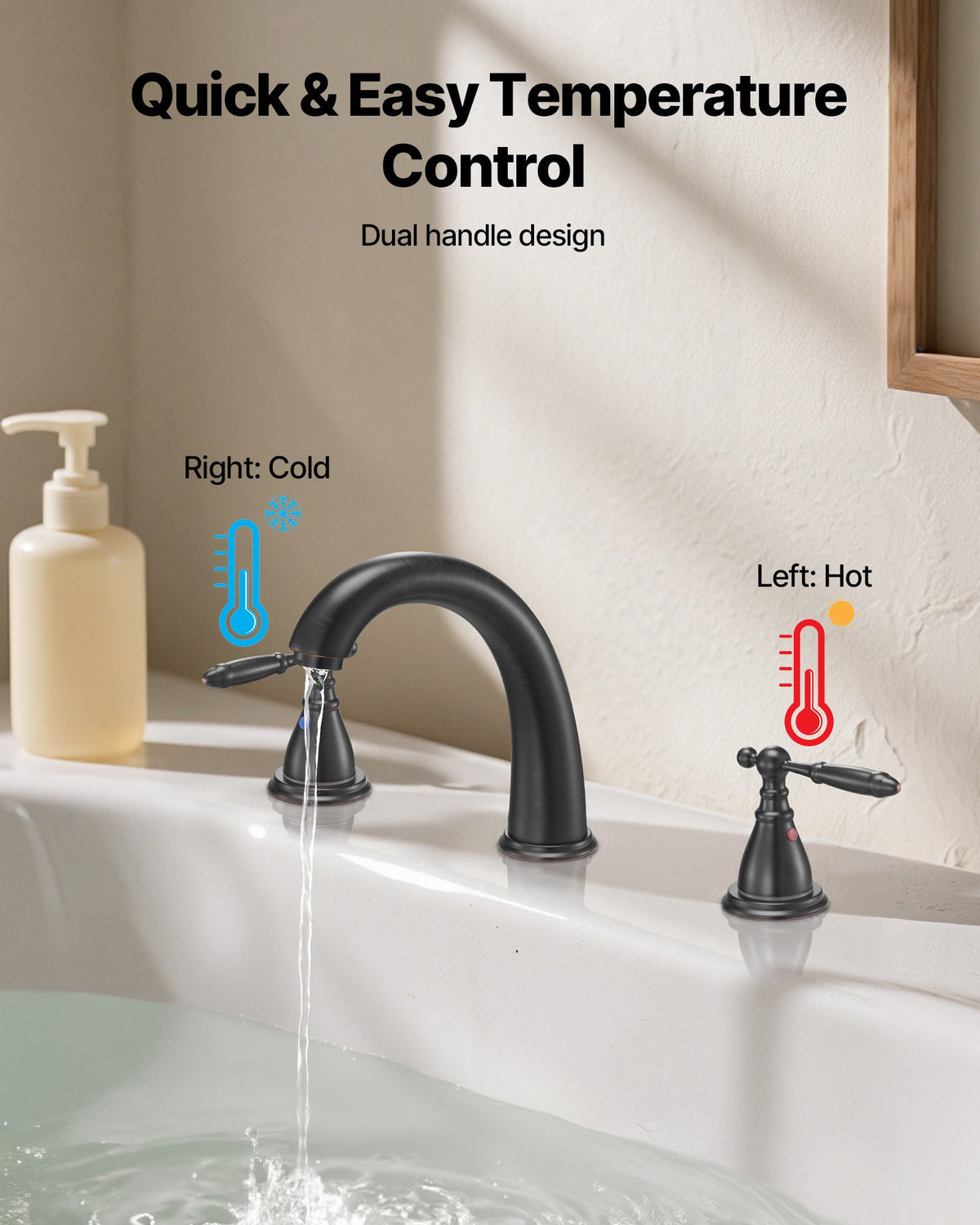 VEVOR Roman Tub Faucet, 3 Hole Waterfall Bathtub Faucet, Gooseneck Bath Tubs Faucets Set with 2 Handles, Roman Tub Faucets Deck Mount for Pet Washing, Adult Bathing, Bronze, Temperature Control - BDFDPKBDHS2GY7IXA001V0 - view 7