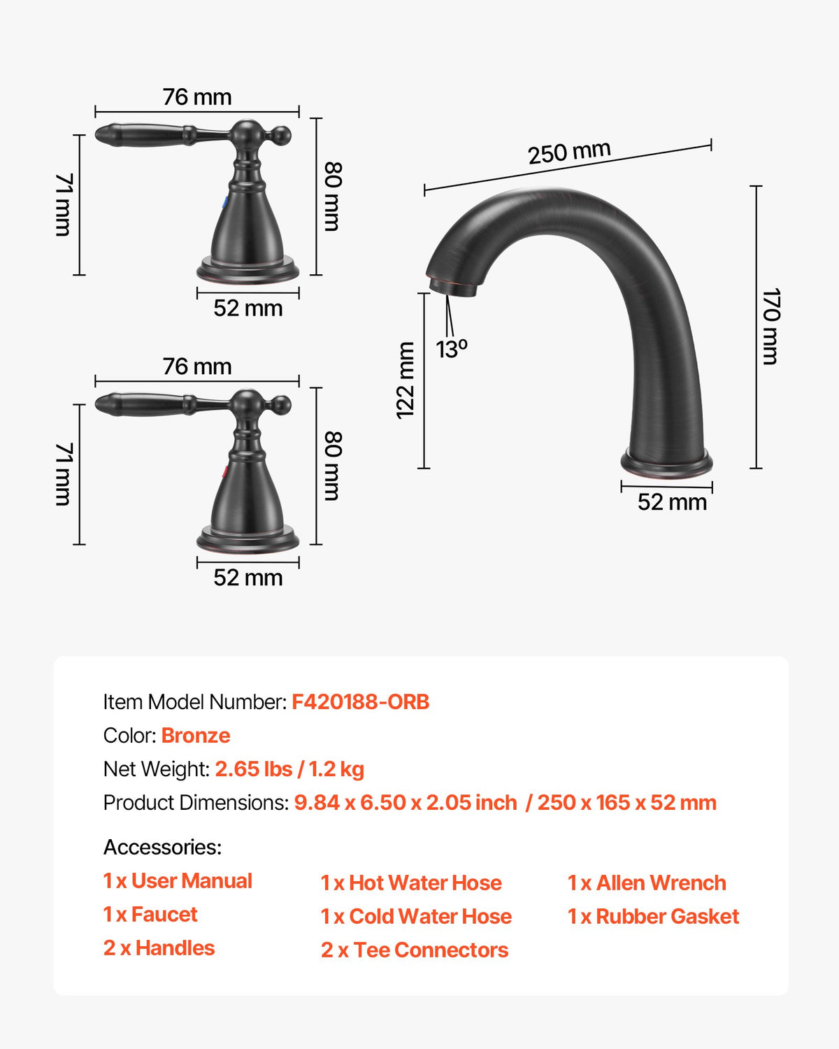 VEVOR Roman Tub Faucet, 3 Hole Waterfall Bathtub Faucet, Gooseneck Bath Tubs Faucets Set with 2 Handles, Roman Tub Faucets Deck Mount for Pet Washing, Adult Bathing, Bronze, Temperature Control - BDFDPKBDHS2GY7IXA001V0 - view 8