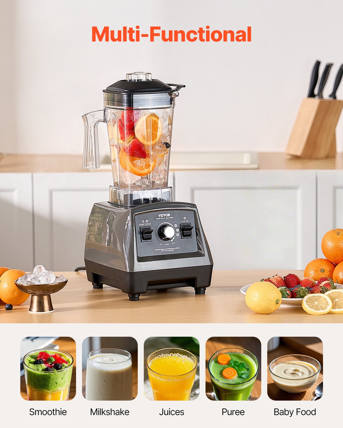 VEVOR Blender for Smoothies, 61 oz 1400W, Professional Blender with Powerful Motor, Multi-Functional Food Processing Blender for Smoothie/Milkshake/Juice, Fits for Kitchen - BDJYZSBJBJ18FLWC8V1 - view 5
