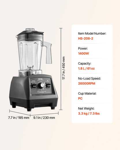 VEVOR Blender for Smoothies, 61 oz 1400W, Professional Blender with Powerful Motor, Multi-Functional Food Processing Blender for Smoothie/Milkshake/Juice, Fits for Kitchen - BDJYZSBJBJ18FLWC8V1 - view 8