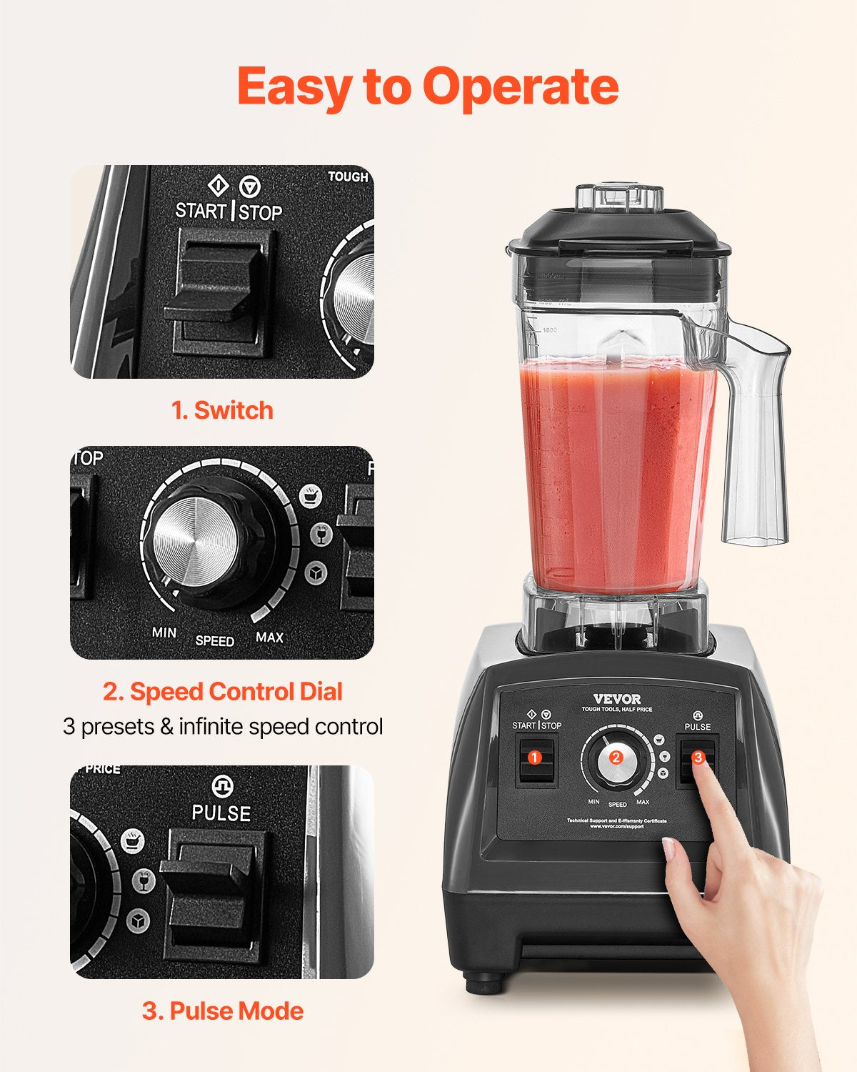 VEVOR Blender for Smoothies, 61 oz 1400W, Professional Blender with Powerful Motor, Multi-Functional Food Processing Blender with 2 Cups for Smoothie/Milkshake/Juice, Fits for Kitchen - BDJYZSBJBJ18X6A5TV1 - view 6