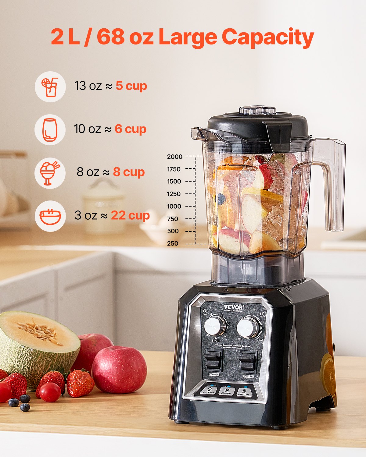 VEVOR Blender for Smoothies, 68 oz 1400W, Professional Blender with Powerful Motor, Multi-Functional Food Processing Blender with Grinder Container for Smoothie/Milkshake/Juice, Fits for Kitchen - BDJYZSBJBJ20AU6XBV1 - view 4