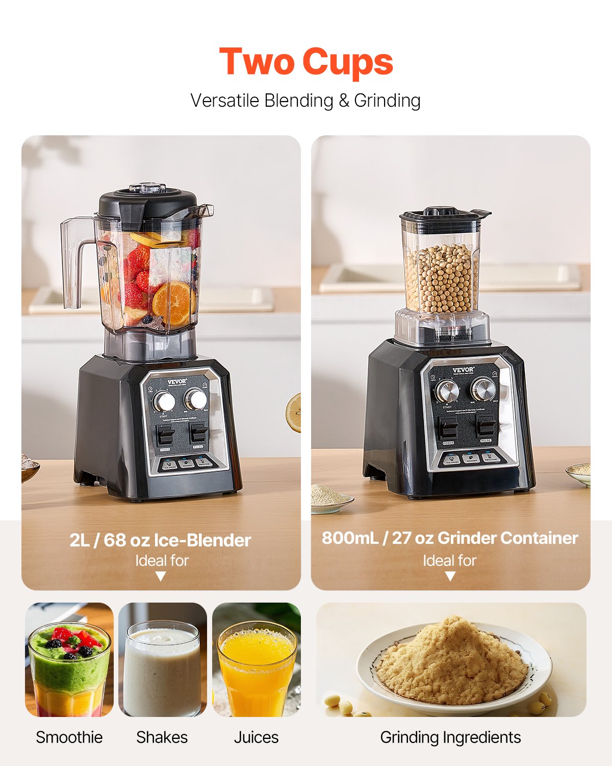 VEVOR Blender for Smoothies, 68 oz 1400W, Professional Blender with Powerful Motor, Multi-Functional Food Processing Blender with Grinder Container for Smoothie/Milkshake/Juice, Fits for Kitchen - BDJYZSBJBJ20AU6XBV1 - view 5