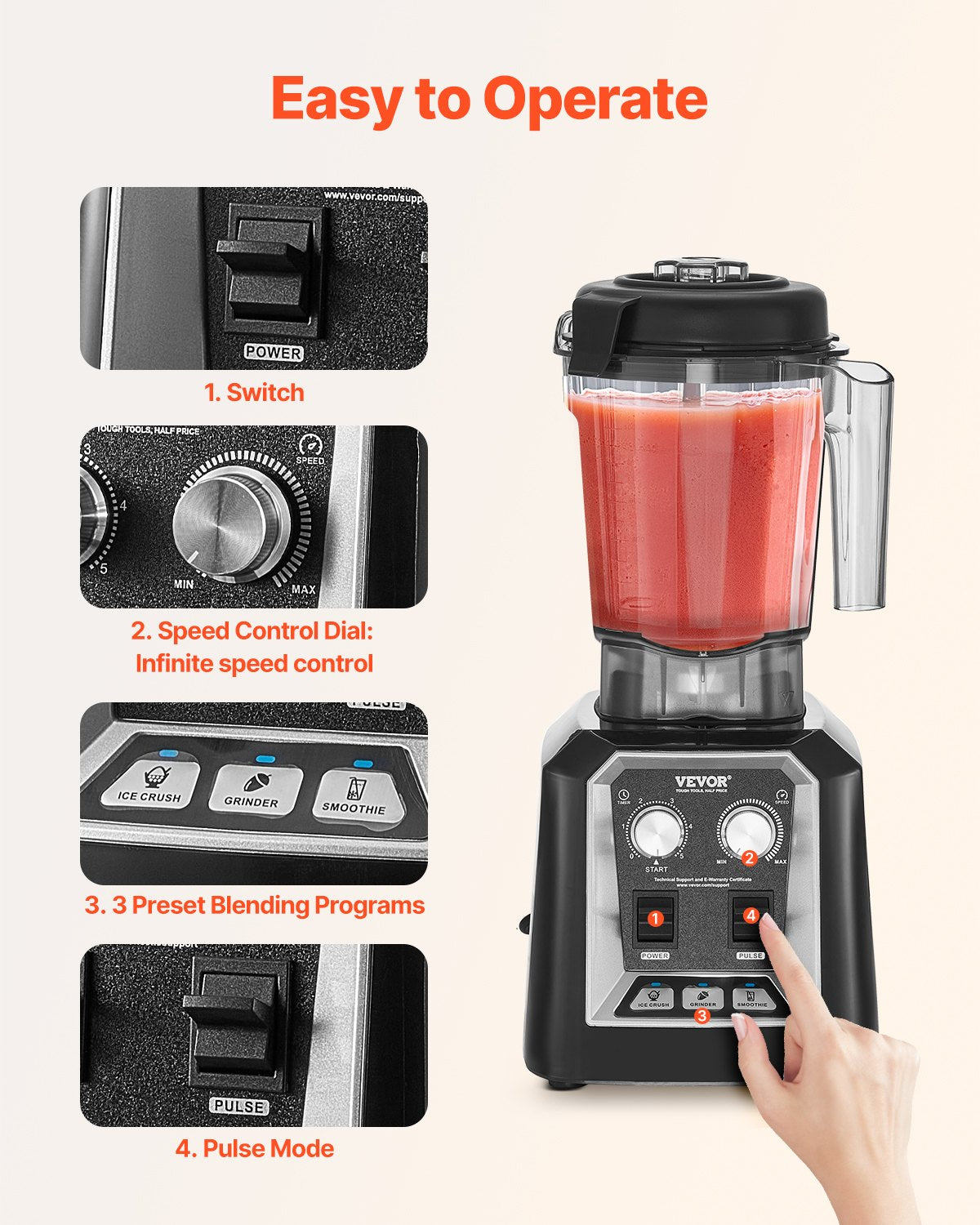 VEVOR Blender for Smoothies, 68 oz 1400W, Professional Blender with Powerful Motor, Multi-Functional Food Processing Blender with Grinder Container for Smoothie/Milkshake/Juice, Fits for Kitchen - BDJYZSBJBJ20AU6XBV1 - view 6