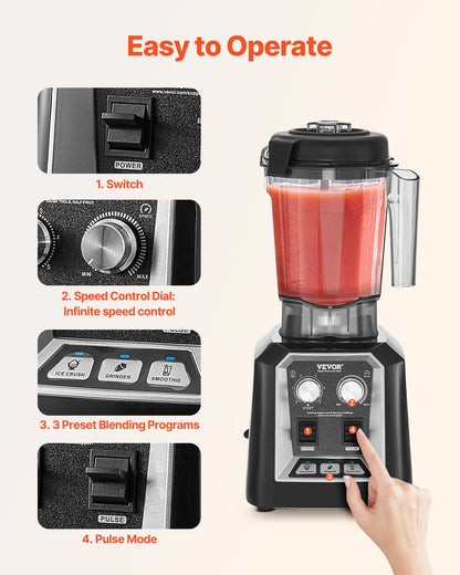 VEVOR Blender for Smoothies, 68 oz 1400W, Professional Blender with Powerful Motor, Multi-Functional Food Processing Blender with Grinder Container for Smoothie/Milkshake/Juice, Fits for Kitchen - BDJYZSBJBJ20AU6XBV1 - view 6