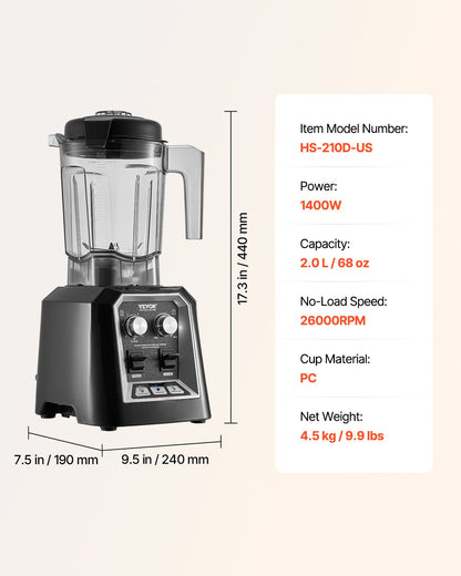 VEVOR Blender for Smoothies, 68 oz 1400W, Professional Blender with Powerful Motor, Multi-Functional Food Processing Blender with Grinder Container for Smoothie/Milkshake/Juice, Fits for Kitchen - BDJYZSBJBJ20AU6XBV1 - view 8