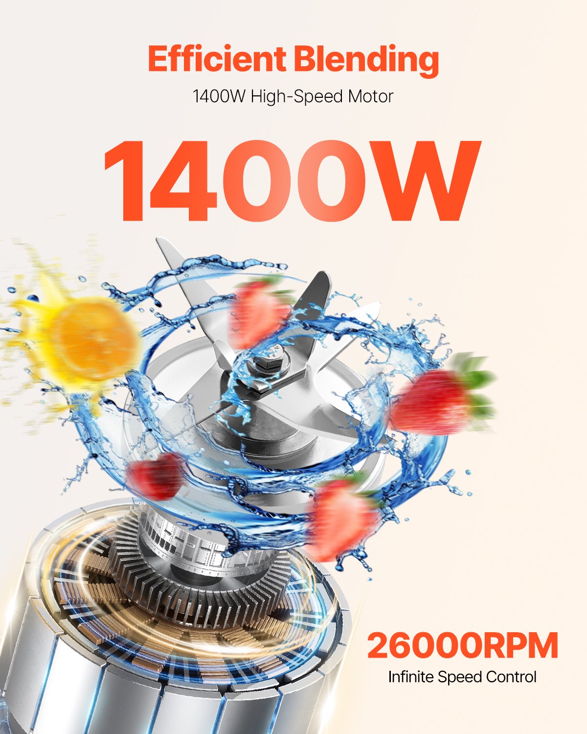 VEVOR Blender for Smoothies, 85 oz 1400W, Professional Blender with Powerful Motor, Multi-Functional Food Processing Blender with 2 Cups for Smoothie/Milkshake/Juice, Fits for Kitchen - BDJYZSBJBJ303DP5JV1 - view 3