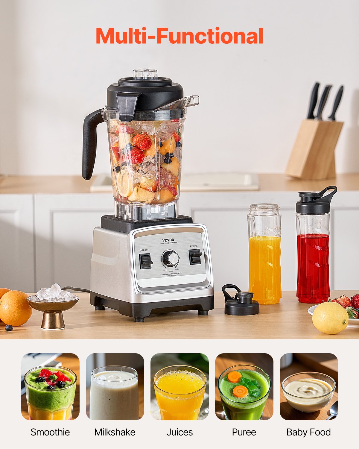 VEVOR Blender for Smoothies, 85 oz 1400W, Professional Blender with Powerful Motor, Multi-Functional Food Processing Blender with 2 Cups for Smoothie/Milkshake/Juice, Fits for Kitchen - BDJYZSBJBJ303DP5JV1 - view 5