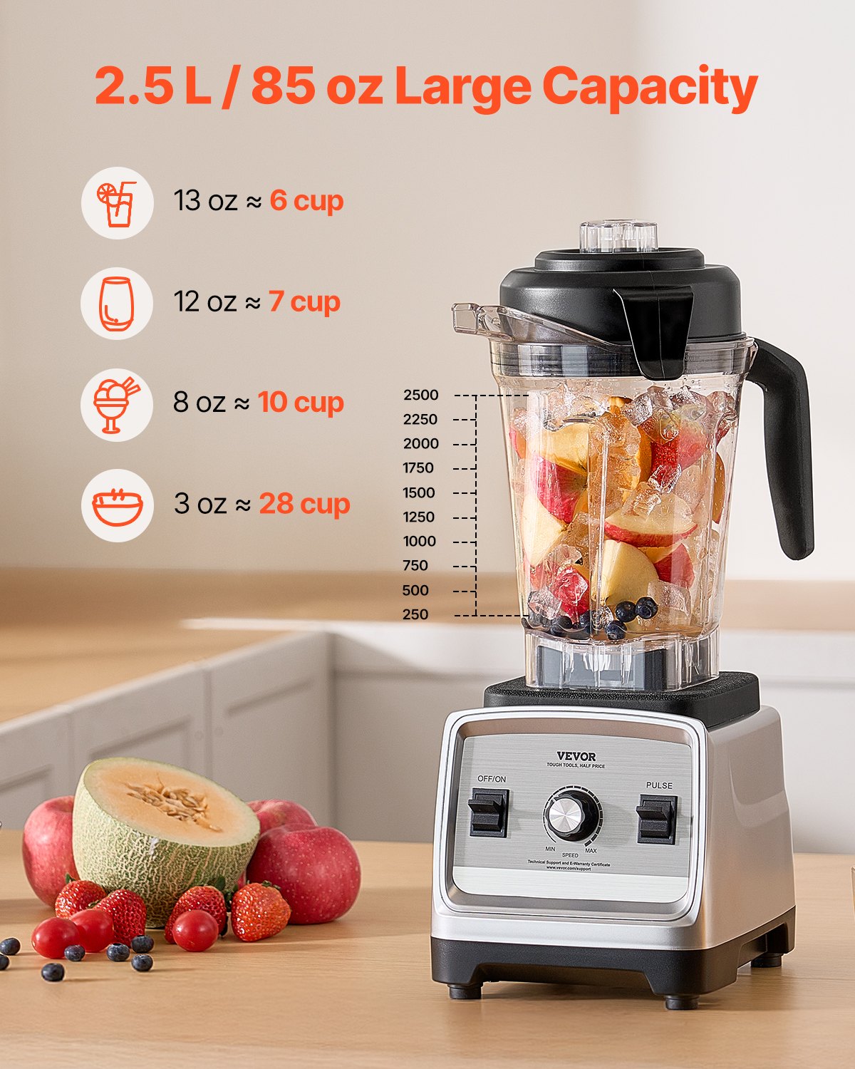 VEVOR Blender for Smoothies, 85 oz 1400W, Professional Blender with Powerful Motor, Multi-Functional Food Processing Blender for Smoothie/Milkshake/Juice, Fits for Kitchen - BDJYZSBJBJ306J8G2V1 - view 4