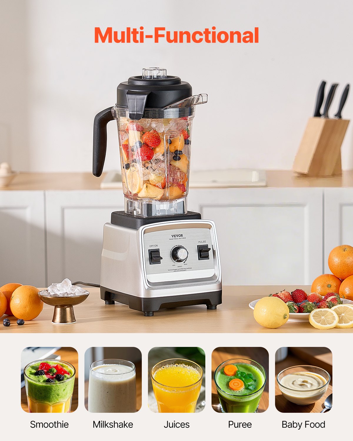VEVOR Blender for Smoothies, 85 oz 1400W, Professional Blender with Powerful Motor, Multi-Functional Food Processing Blender for Smoothie/Milkshake/Juice, Fits for Kitchen - BDJYZSBJBJ306J8G2V1 - view 5
