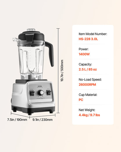VEVOR Blender for Smoothies, 85 oz 1400W, Professional Blender with Powerful Motor, Multi-Functional Food Processing Blender for Smoothie/Milkshake/Juice, Fits for Kitchen - BDJYZSBJBJ306J8G2V1 - view 8